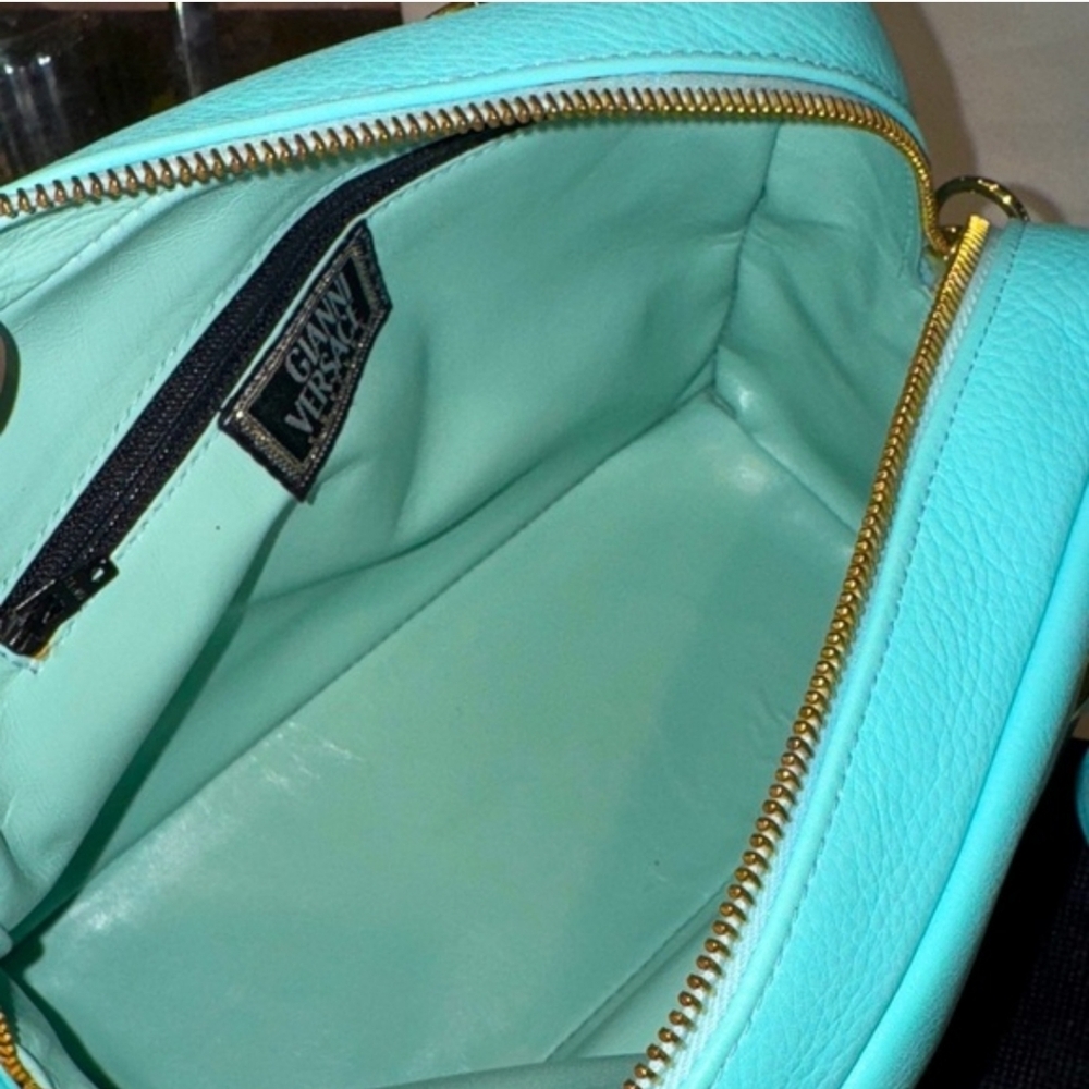 Rare Versace Aqua Leather Shoulder Bag with Gold Accents - Picture 16 of 17